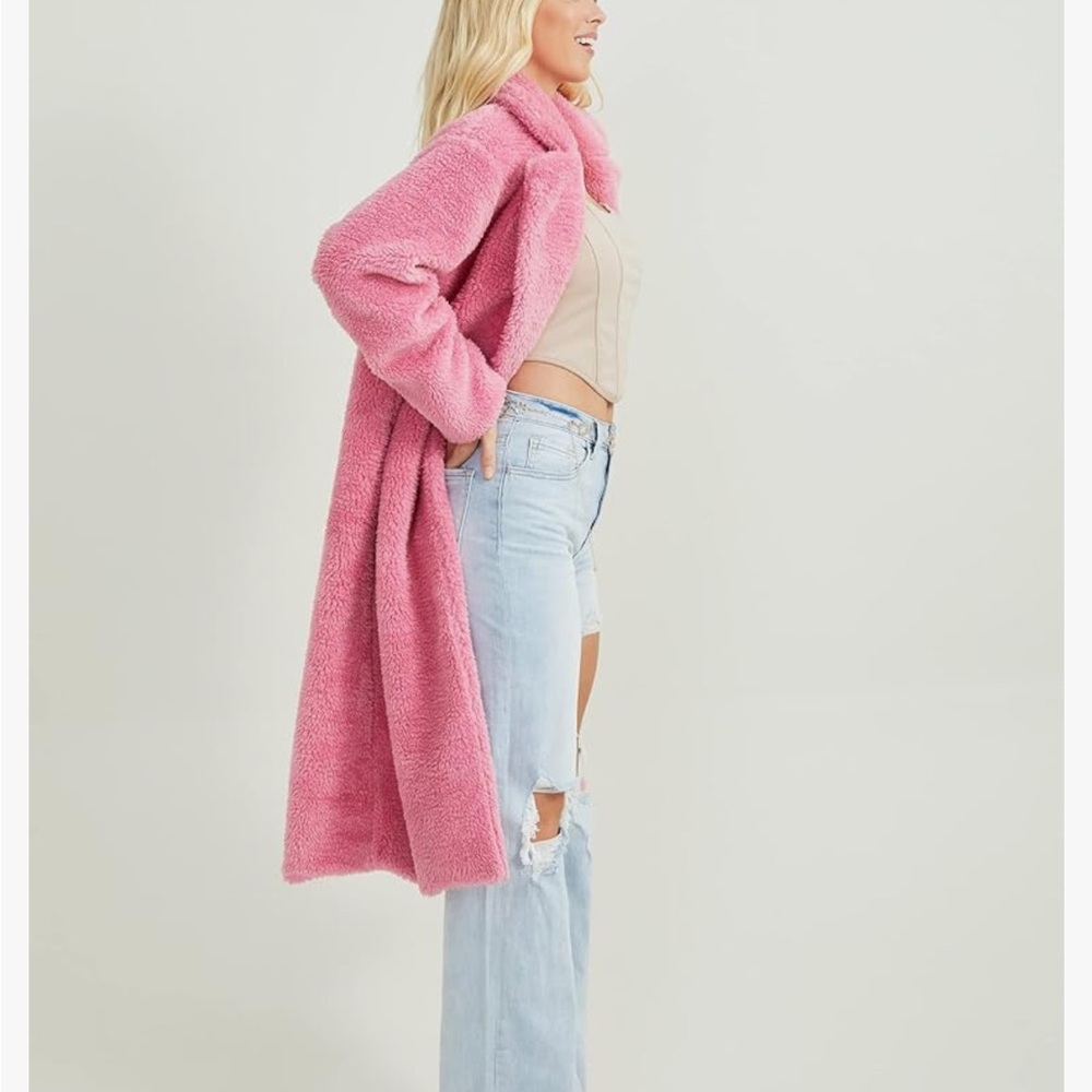 Pink Fuzzy Coat with Light Blue Jeans